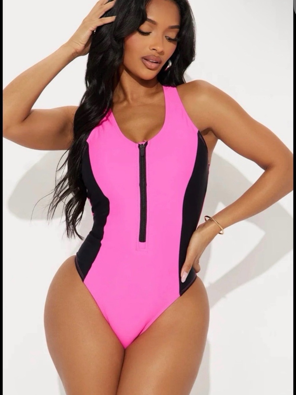 Fashion Nova Pink & Black Zip-Front One-Piece Swimsuit